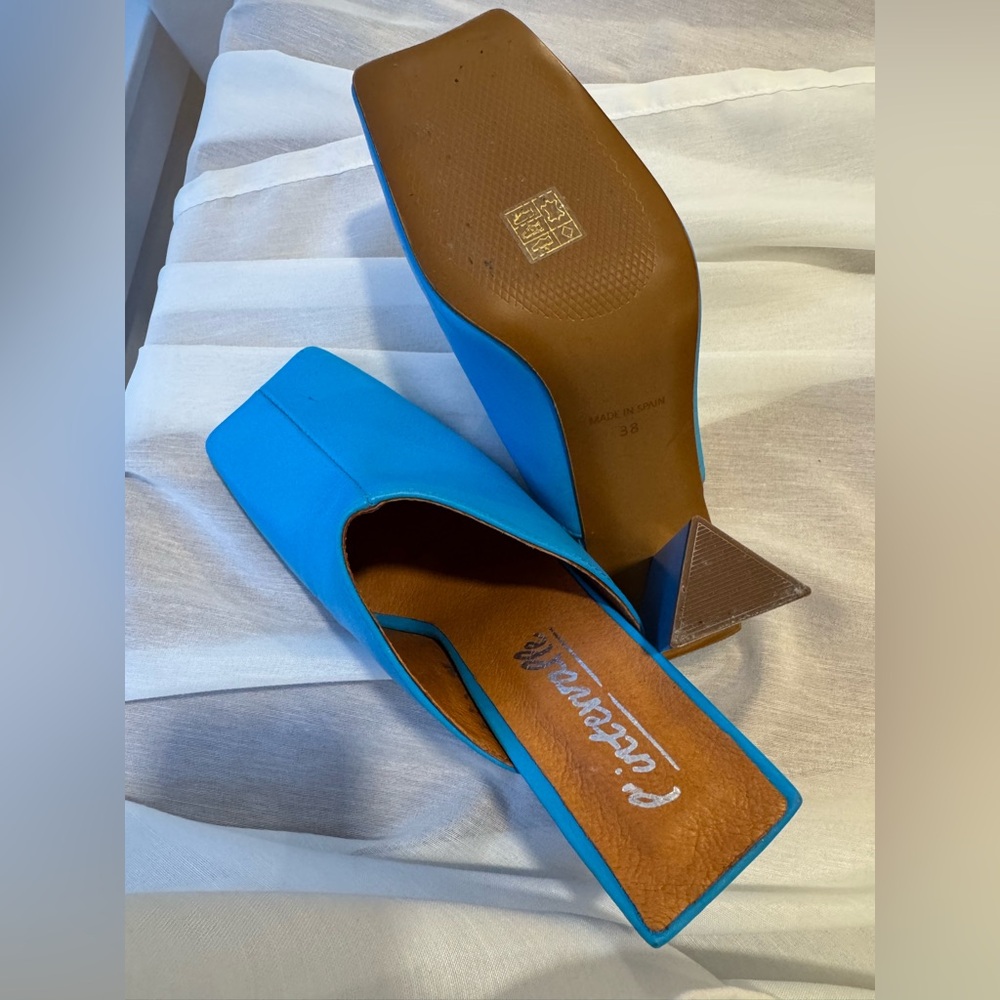L'INTERVALLE Turquoise Blue Leather Block Heel Mules - Picture 3 of 3